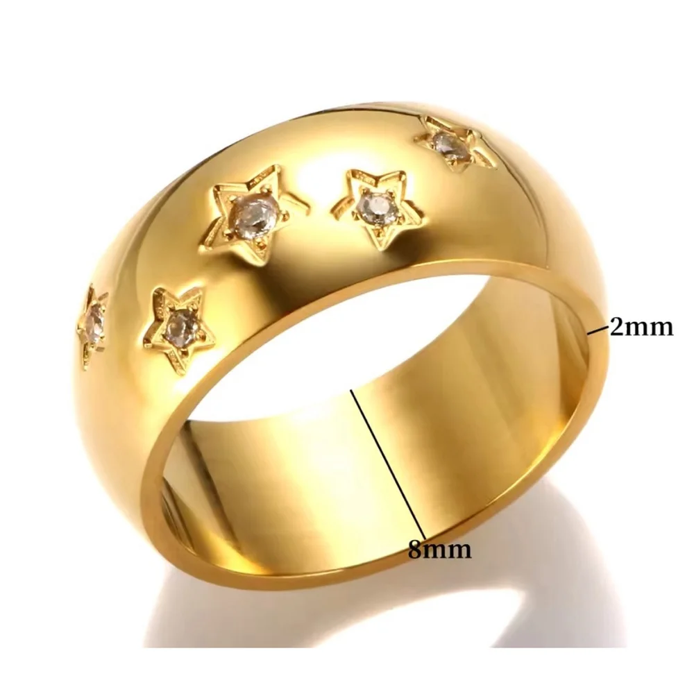 NEW Unisex‎ Women’s Wide Gold Plated Simulated Diamond Star Ring 8mm Band Size 8
